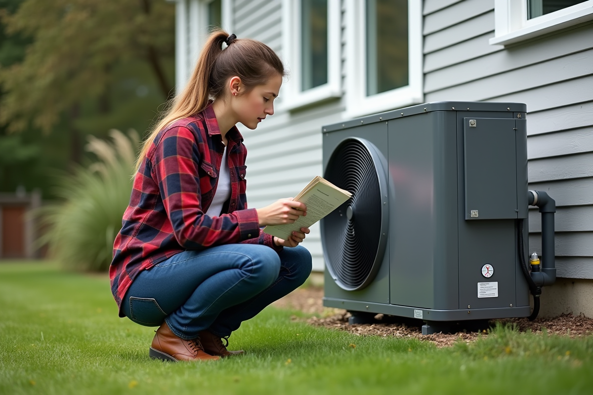 Jeune femme vérifiant une pompe à chaleur géothermique dans le jardin