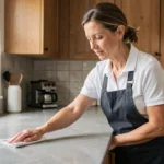 Femme de ménage professionnelle nettoyant le plan de travail d'une cuisine moderne dans une maison du Puy-de-Dôme