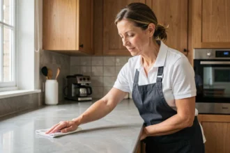 Femme de ménage professionnelle nettoyant le plan de travail d'une cuisine moderne dans une maison du Puy-de-Dôme