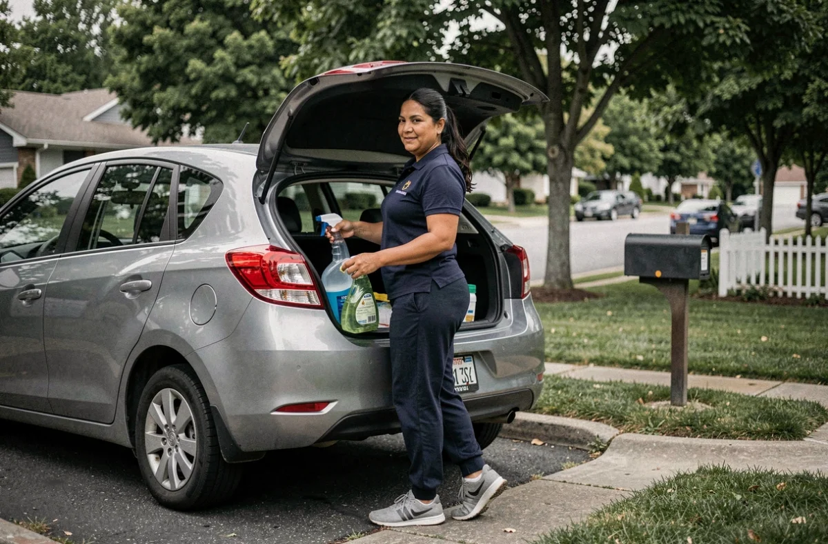 Femme de ménage latina chargeant son matériel de nettoyage dans sa voiture devant une maison de banlieue