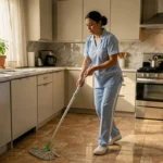 Femme de ménage mexicaine en uniforme bleu nettoyant le sol d'une cuisine moderne et lumineuse