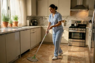 Femme de ménage mexicaine en uniforme bleu nettoyant le sol d'une cuisine moderne et lumineuse