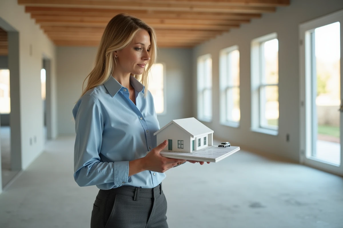 Femme avec maquette 3D et plans dans un chantier