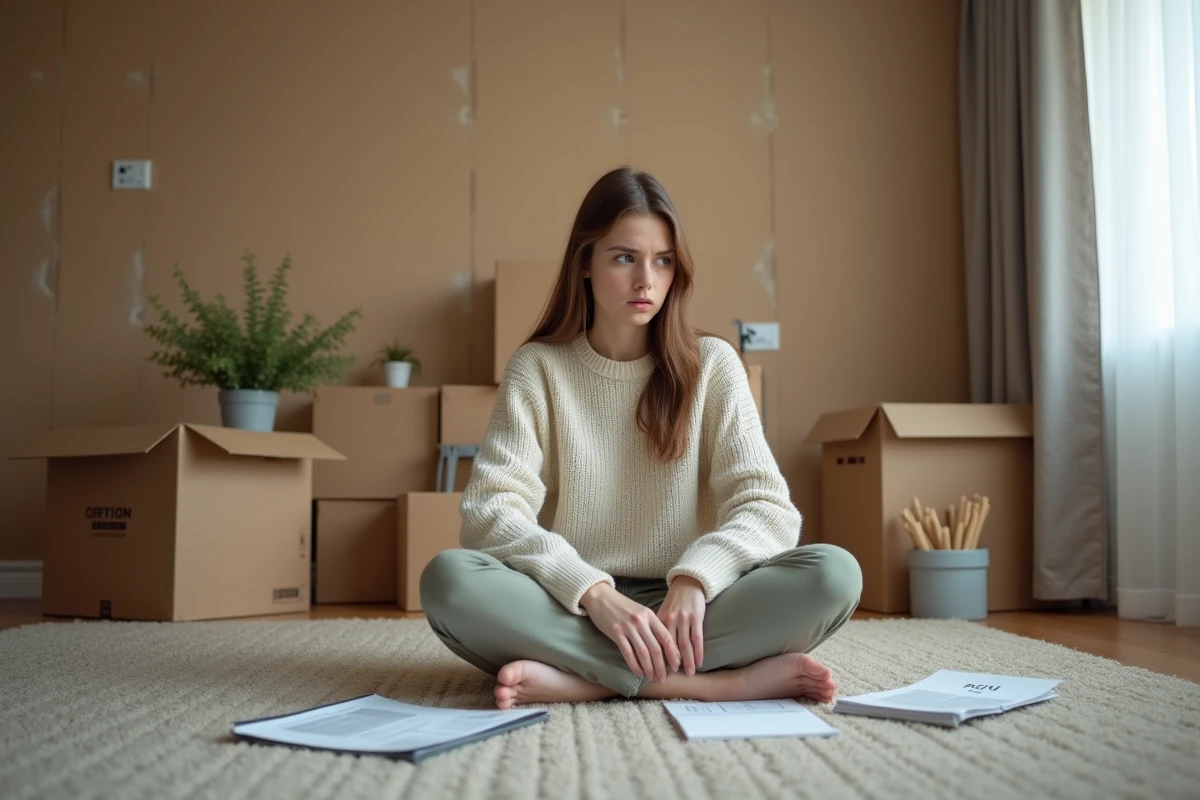 Jeune femme regardant un support TV dans son appartement
