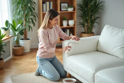 Femme nettoyant un canapé blanc en cuir dans un salon lumineux