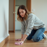 Femme nettoyant un coin près du plinthe dans un appartement moderne