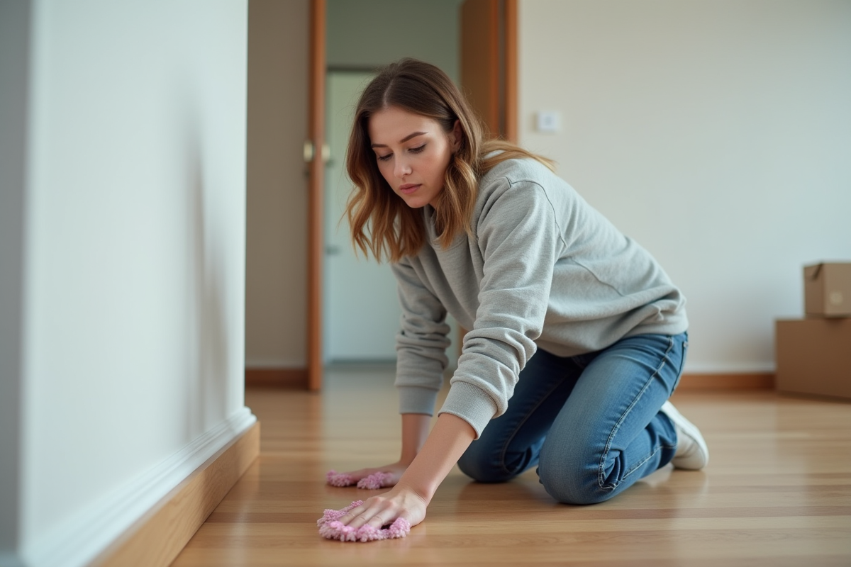 Femme nettoyant un coin près du plinthe dans un appartement moderne