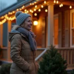 Femme examine des lumieres solaires de Noel sur sa maison