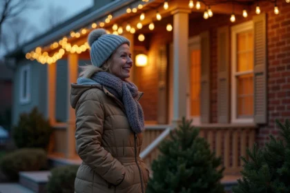 Femme examine des lumieres solaires de Noel sur sa maison