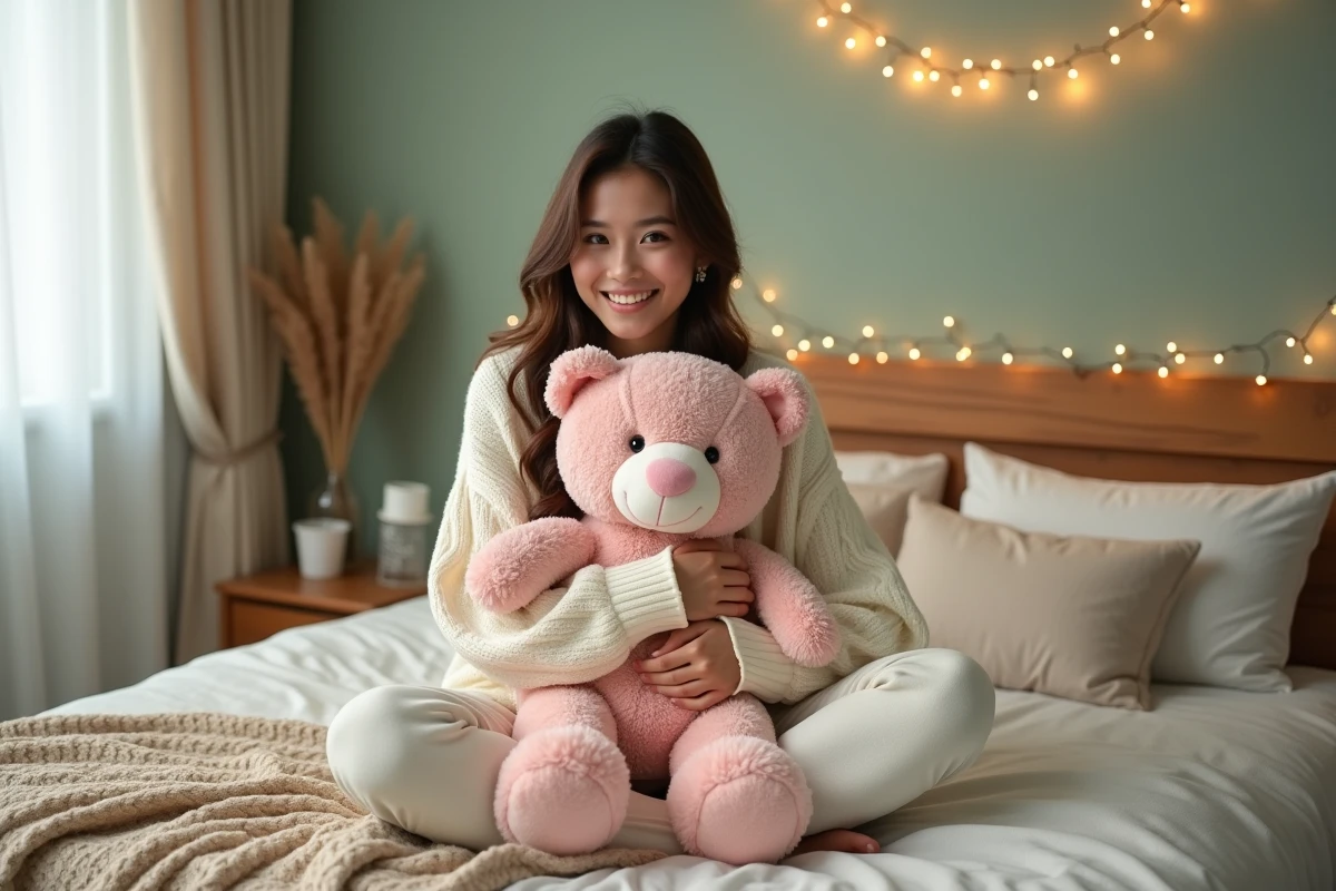 Jeune femme souriante tenant un ourson en peluche rose dans une chambre décorée avec des éléments cocooning