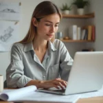 Femme consultant un plan 3D de maison sur ordinateur portable avec des plans papier étalés sur un bureau en bois