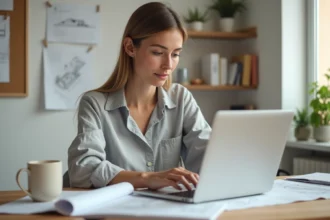 Femme consultant un plan 3D de maison sur ordinateur portable avec des plans papier étalés sur un bureau en bois