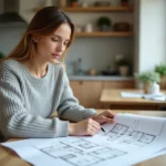 Femme consultant des plans d'architecture sur une table en bois pour préparer l'achat d'un bien immobilier avec COZYCASA
