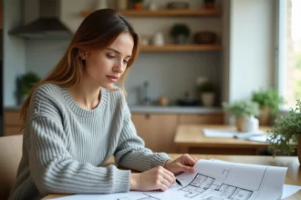 Femme consultant des plans d'architecture sur une table en bois pour préparer l'achat d'un bien immobilier avec COZYCASA