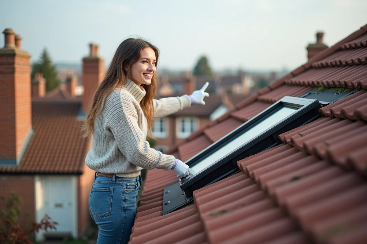 Jeune femme regardant un velux depuis le toit en briques