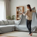 Femme installant une housse canapé d'angle grise dans un salon moderne au style scandinave