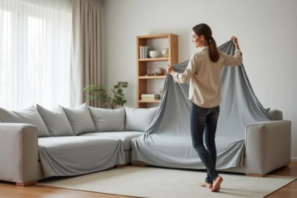 Femme installant une housse canapé d'angle grise dans un salon moderne au style scandinave