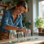 Femme transformant des jars en vases décoratifs dans la cuisine