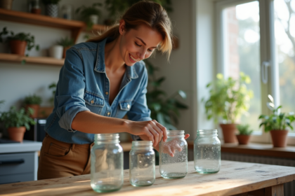 Femme transformant des jars en vases décoratifs dans la cuisine