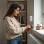 Femme ajustant un radiateur électrique dans un salon moderne