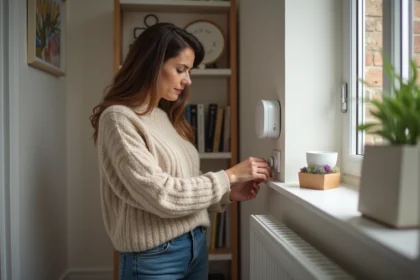 Femme ajustant un radiateur électrique dans un salon moderne