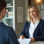 Femme remettant une lettre signée à un agent municipal