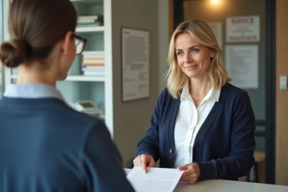 Femme remettant une lettre signée à un agent municipal