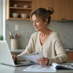 Femme moyenne âge en cuisine moderne avec ordinateur et brochures