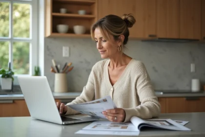 Femme moyenne âge en cuisine moderne avec ordinateur et brochures