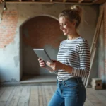 Femme dans la rénovation avec tablette et plans