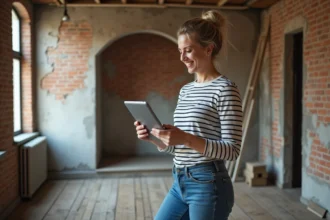Femme dans la rénovation avec tablette et plans