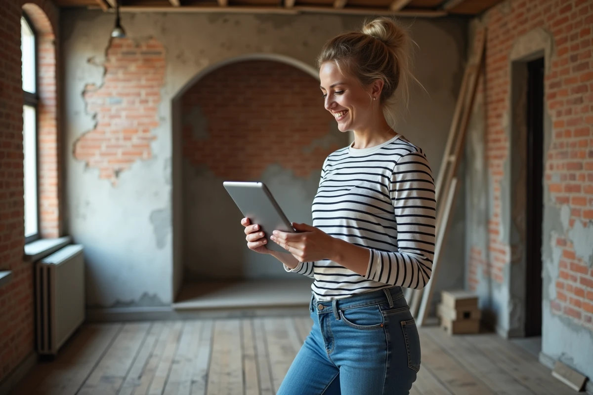 Femme dans la rénovation avec tablette et plans