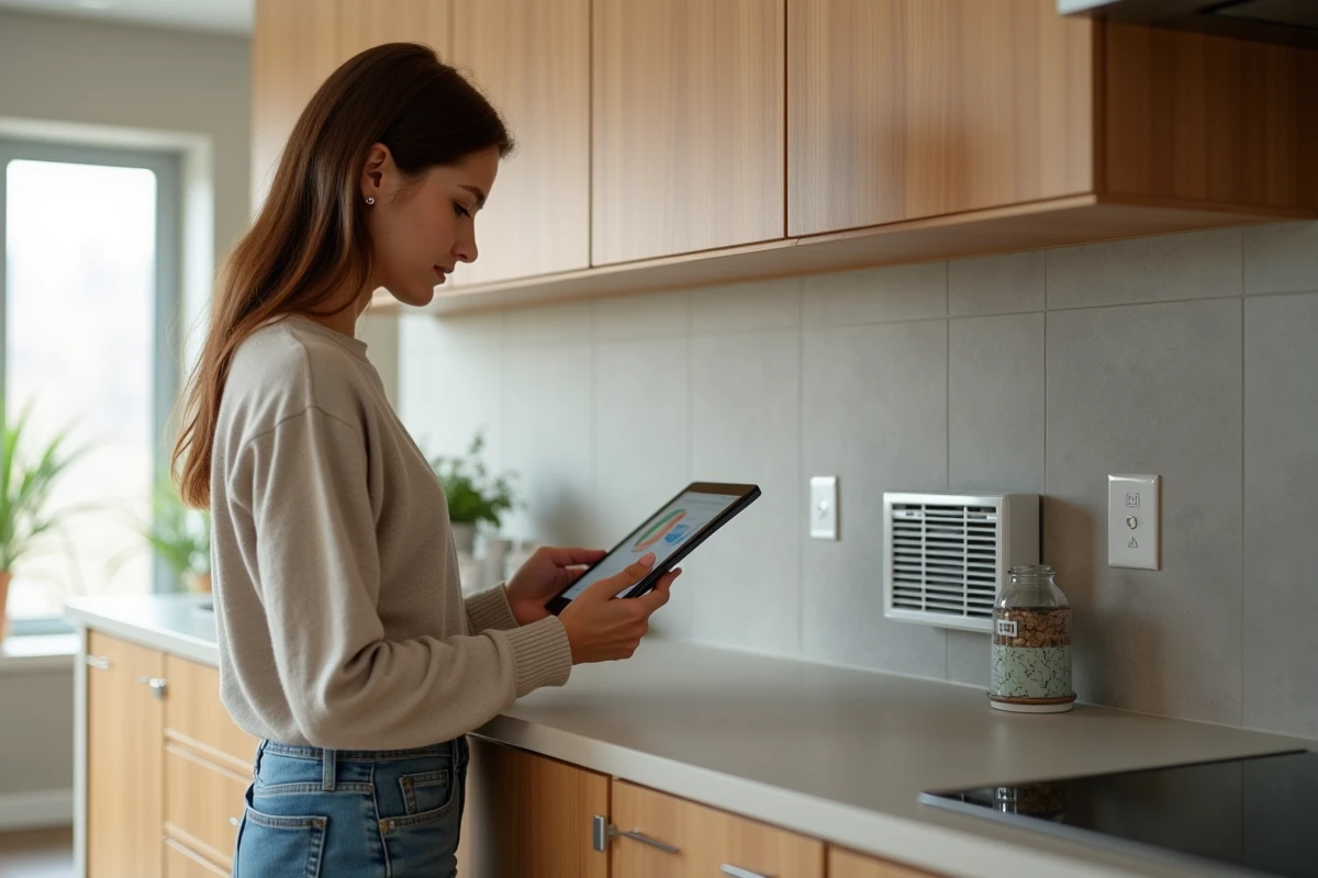 Jeune femme vérifiant données énergie sur tablette dans cuisine