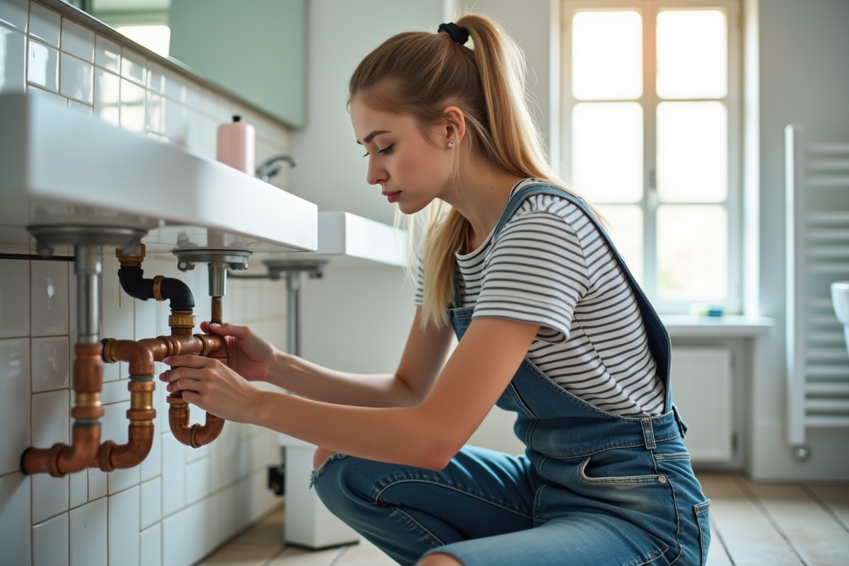Jeune femme examine des tuyaux en cuivre dans une salle de bain rénovée