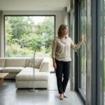 Femme observant l'extérieur à travers une grande fenêtre en aluminium à profilés fins dans un salon moderne