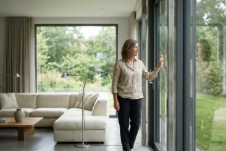 Femme observant l'extérieur à travers une grande fenêtre en aluminium à profilés fins dans un salon moderne
