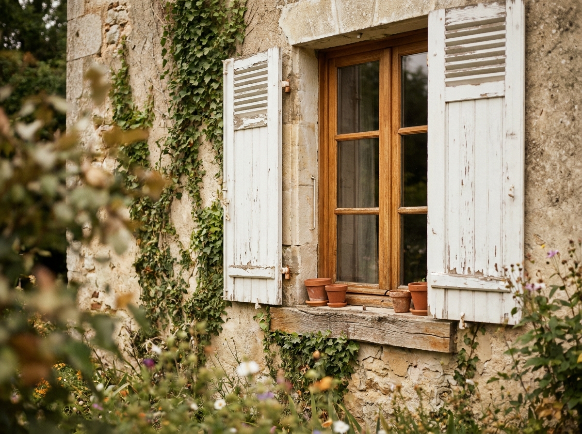 Fenêtre en bois avec volets blancs sur façade en pierre d'une maison de campagne française