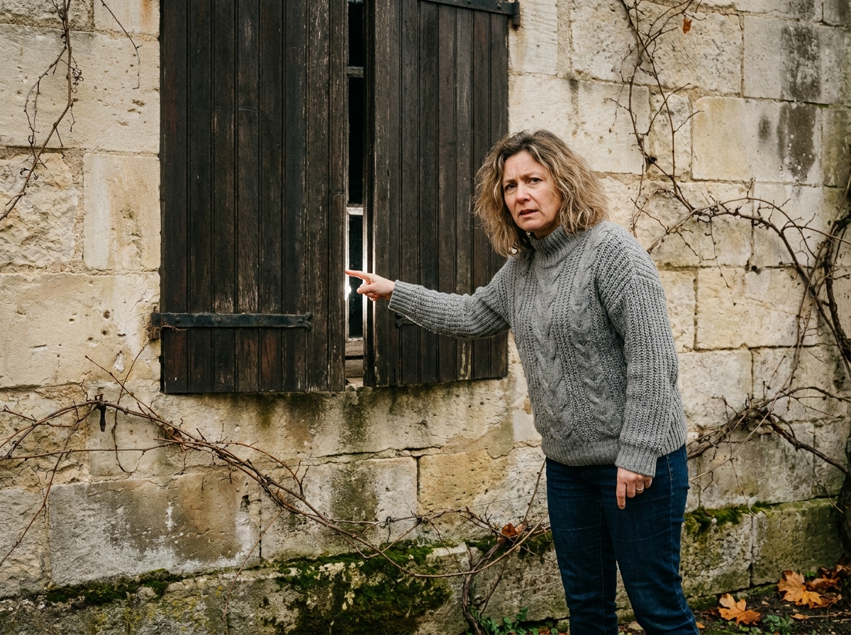 Femme montrant les joints détériorés et les infiltrations d'air autour d'une fenêtre ancienne sur facade en pierre