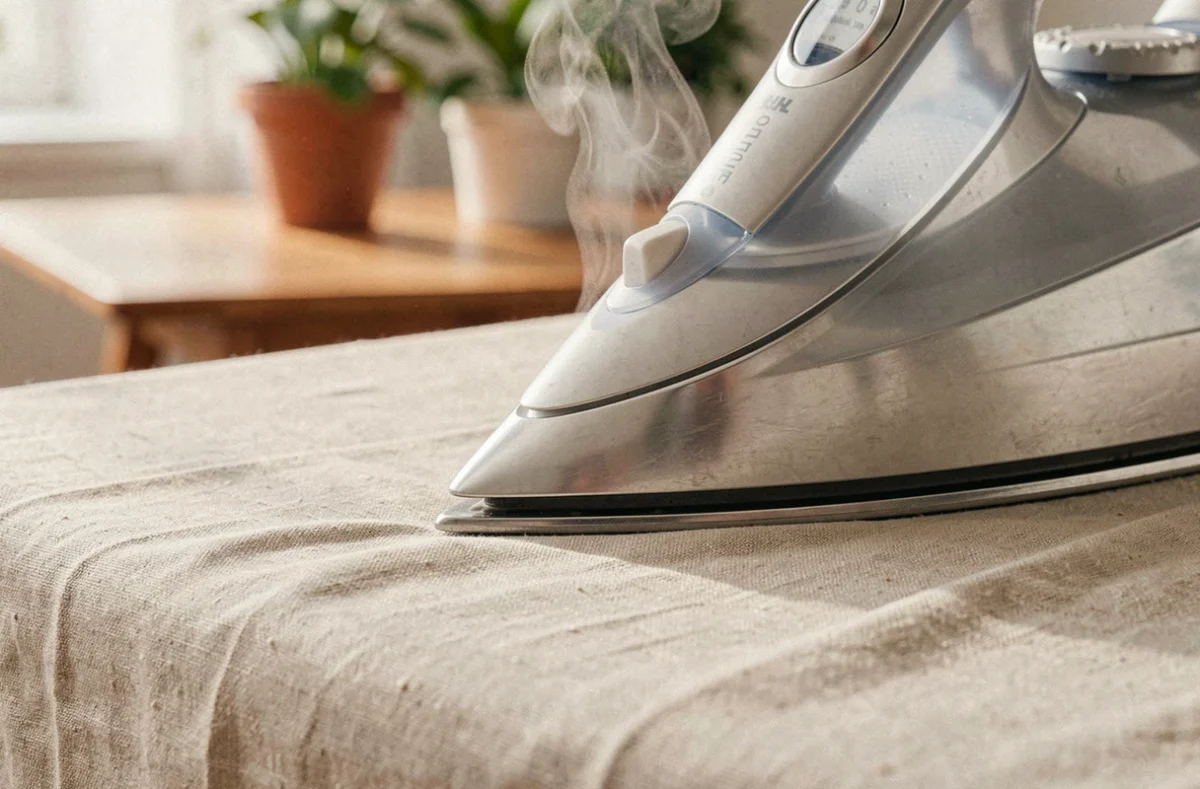 Gros plan d'un fer à repasser à vapeur sur une nappe en lin froissée, détail du travail de repassage à domicile