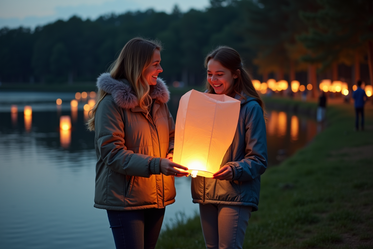 Mère et fille relâchant des lanternes lumineuses au coucher du soleil