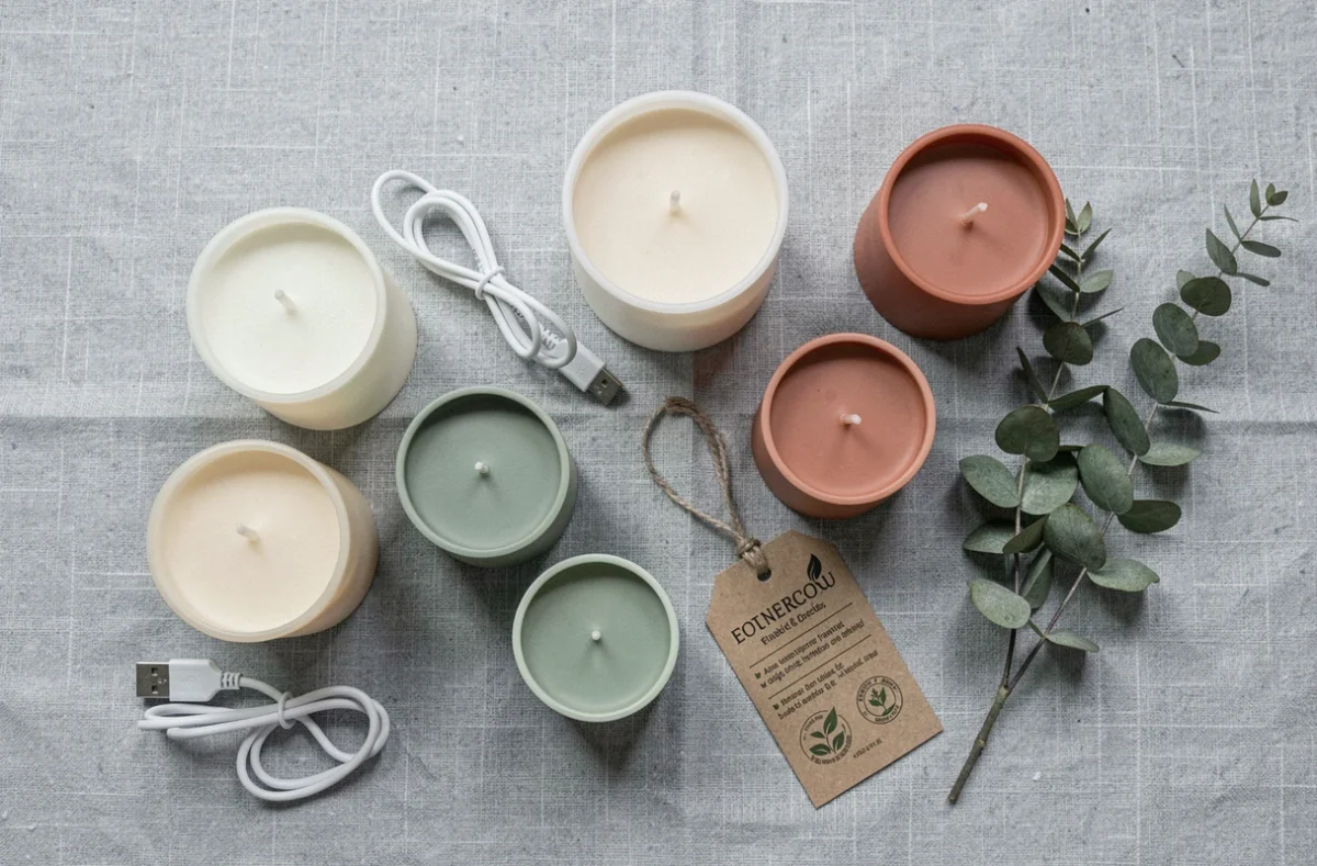 Vue en flat-lay de plusieurs bougies LED en cire rechargeable de différentes tailles et couleurs avec câble USB et étiquette écologique sur fond de lin gris