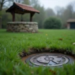 Fosse septique saturée dans un jardin rural avec un puits traditionnel à proximité, illustrant les risques de contamination de l'eau