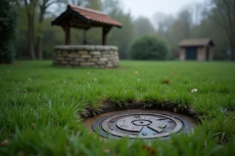 Fosse septique saturée dans un jardin rural avec un puits traditionnel à proximité, illustrant les risques de contamination de l'eau