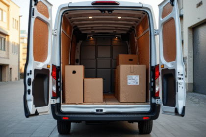 Vue de l'arrière d'une grande fourgonnette de livraison avec des meubles à l'intérieur