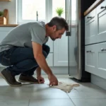 Homme inspectant une fuite d'eau sous son réfrigérateur dans une cuisine moderne