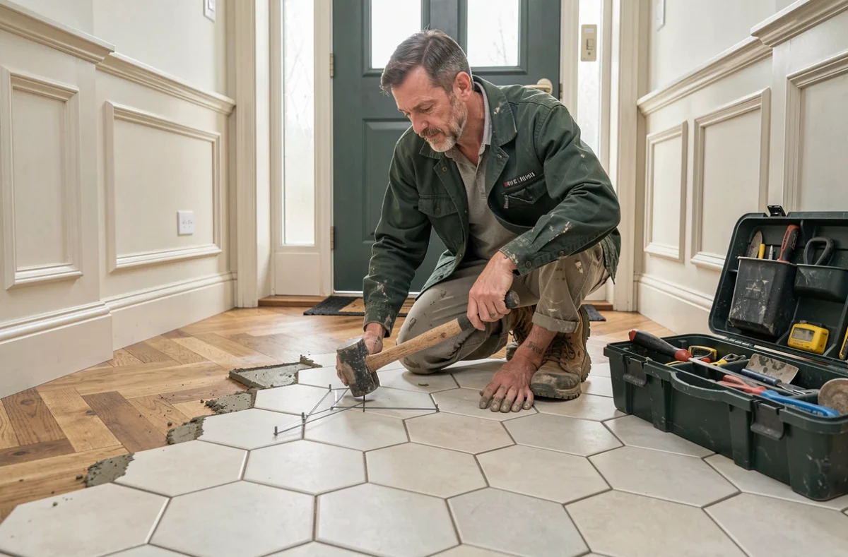 Artisan Galati Carrelage posant des carreaux hexagonaux dans une entrée de maison normande rénovée