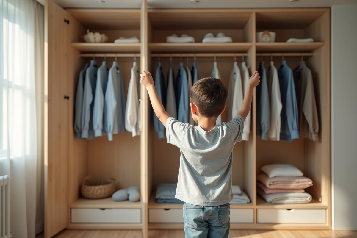 Garçon de 10 ans choisissant un t-shirt dans son dressing