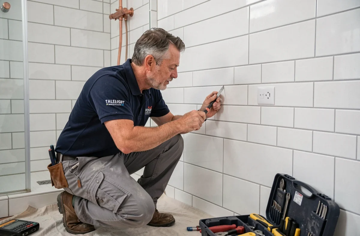 Artisan de GC Plomberie Chauffage inspectant le carrelage d'une salle de bain avec carrelage mural blanc posé