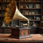 Gramophone ancien en laiton et bois sur une table en chêne dans une boutique d'antiquités, entouré de disques vinyle et d'objets de collection
