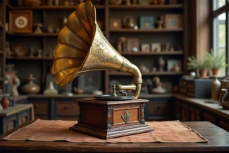 Gramophone ancien en laiton et bois sur une table en chêne dans une boutique d'antiquités, entouré de disques vinyle et d'objets de collection